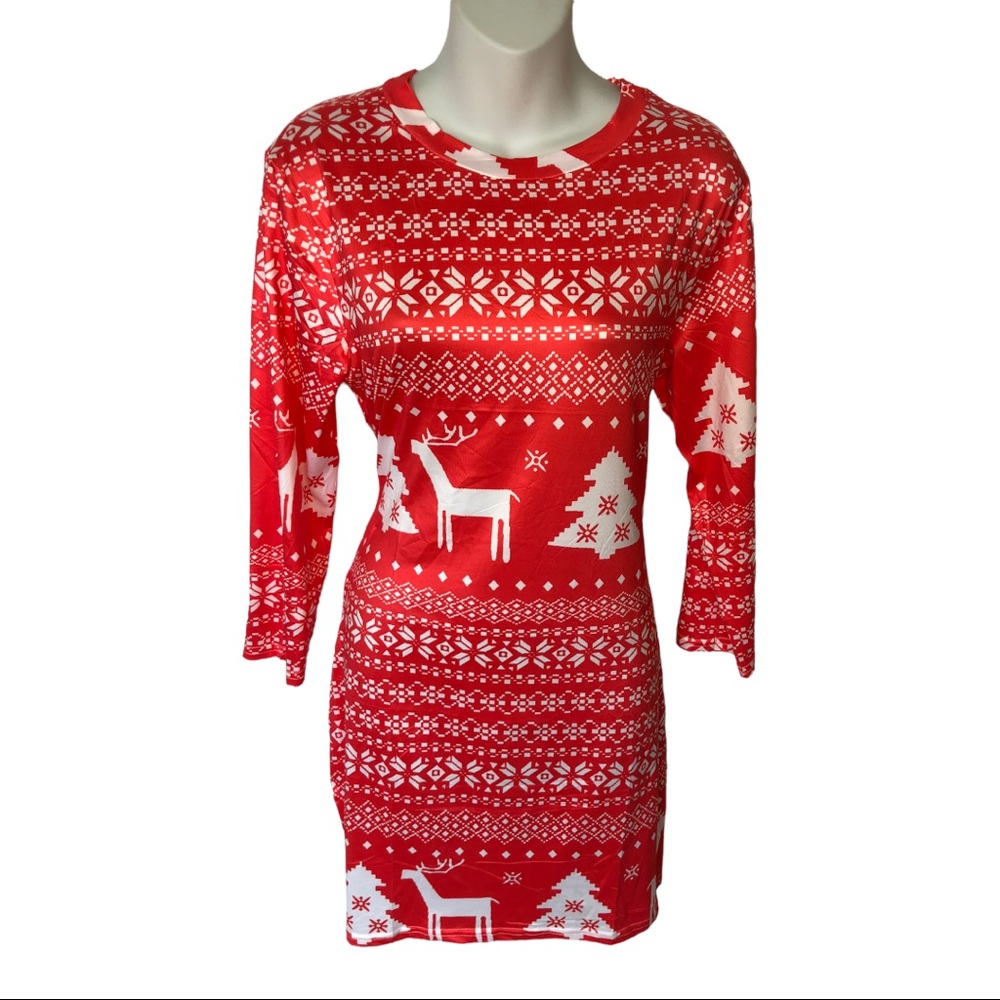 Christmas Dress Reindeer & Snowflake Red Pattern Christmas Party Size Large